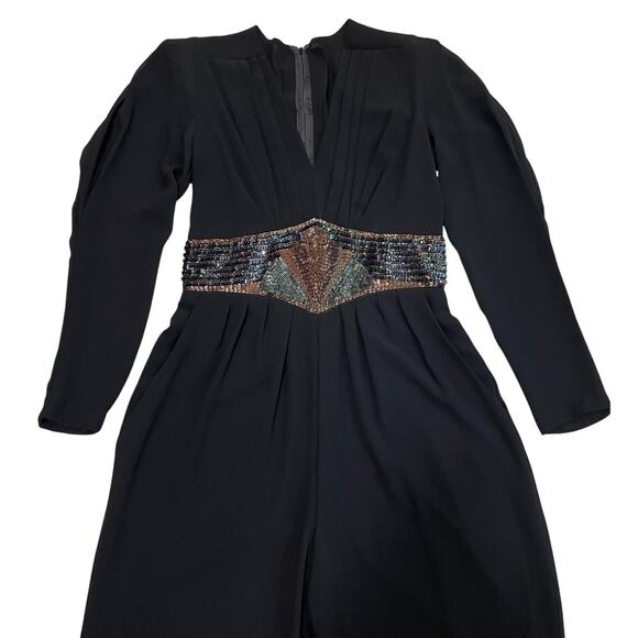 Vintage Black Sequin Waist Jumpsuit | Sheer Sleeve, V-Neck, Pockets, Formal Glam - Picture 5 of 11